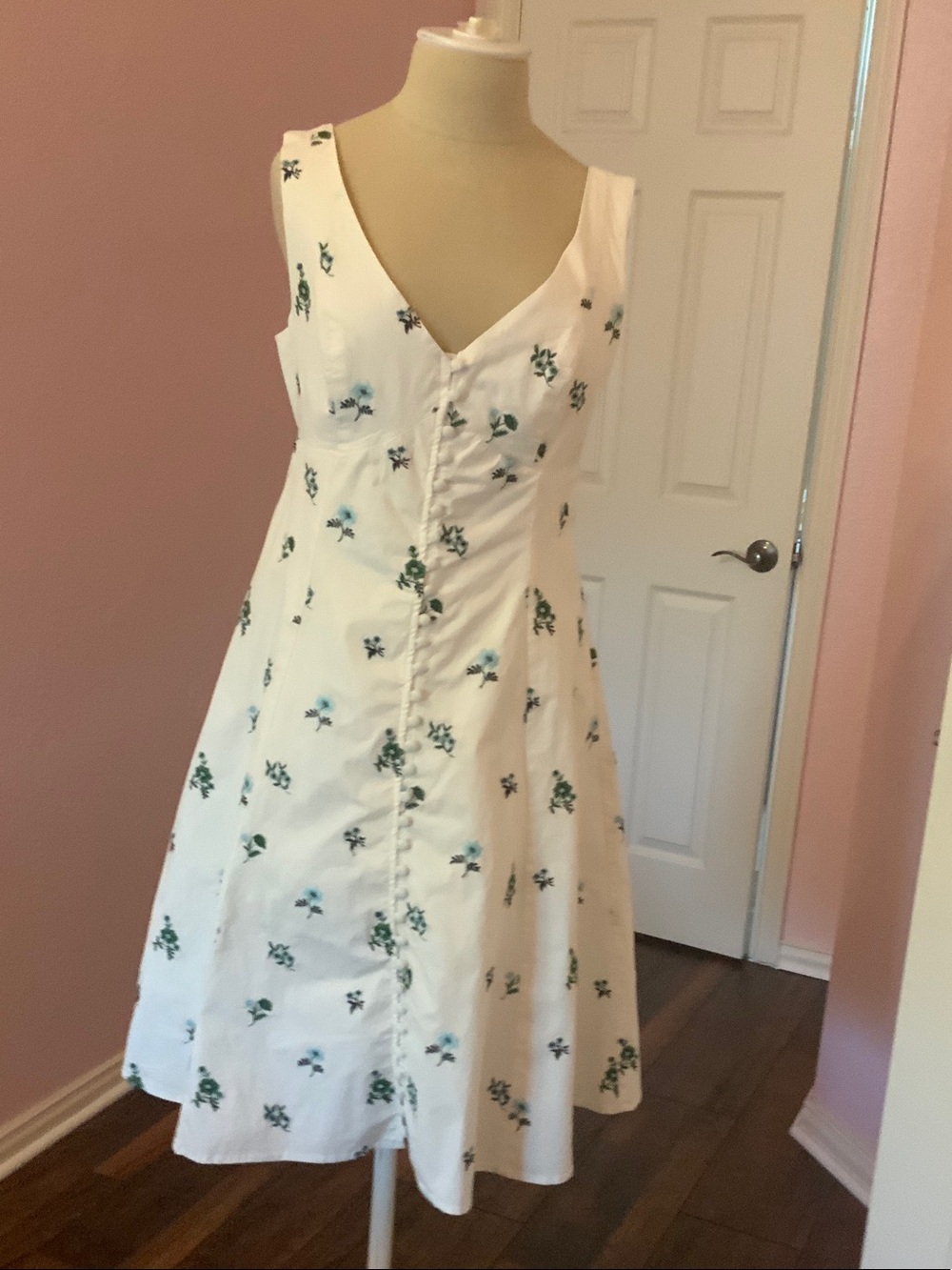 Anthropologie White Midi Dress with Green and Blue Floral Print
